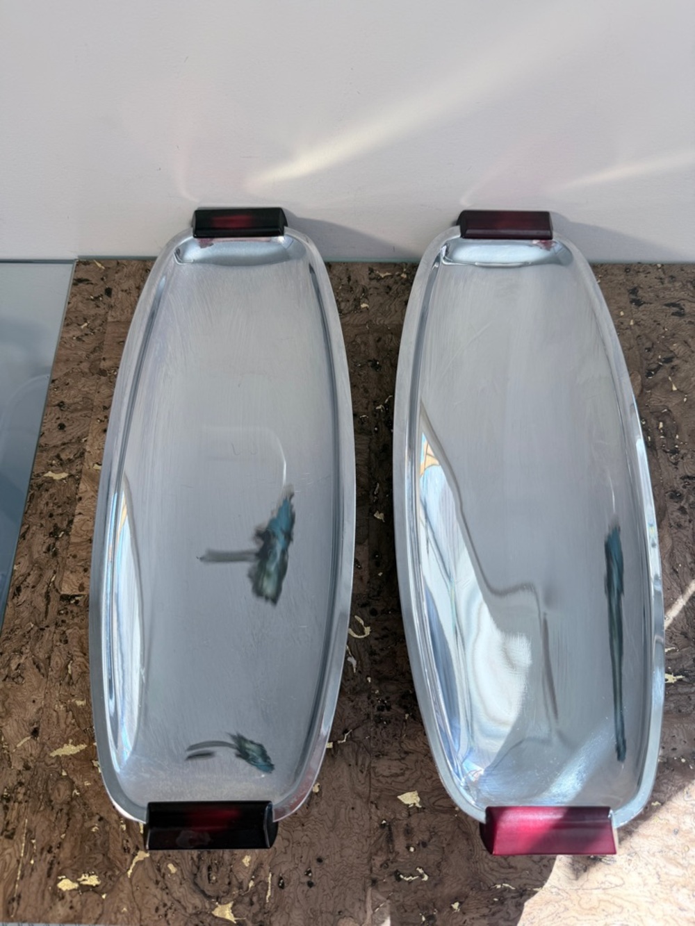 Chrome Serving Trays with Red Accent Handles - Set of 2 Mid Century Modern 💥
